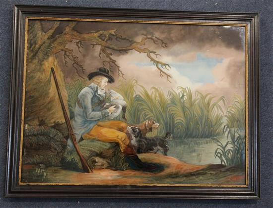 Early 19th century Continental School Huntsman with gun dogs 12.5 x 17in